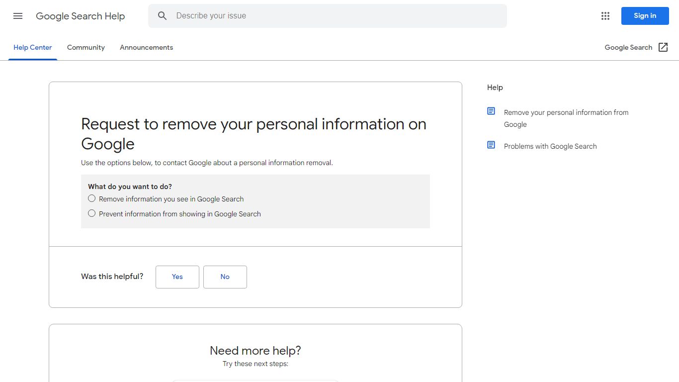 Request to remove your personal information on Google